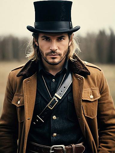 Man in Vintage Top Hat and Brown Jacket