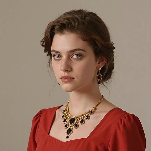 Elegant Woman with Gold and Black Jewelry