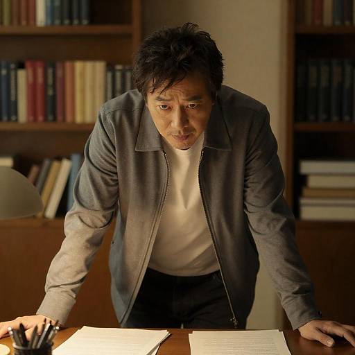 Intense Middle-Aged Man Leaning on Desk