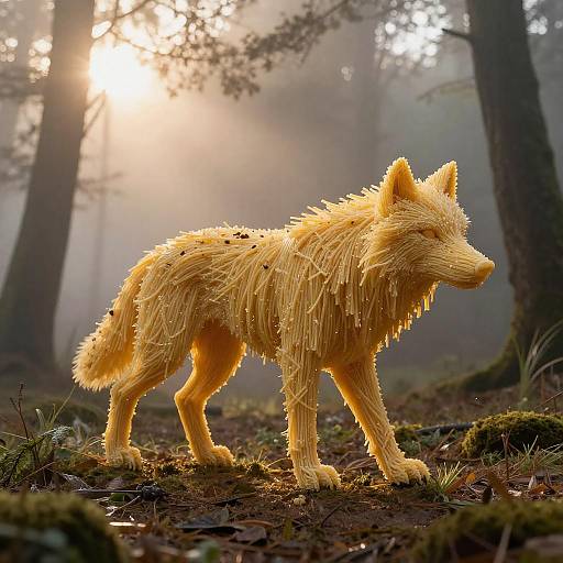 Wolf Sculpture Made of Spaghetti in Forest