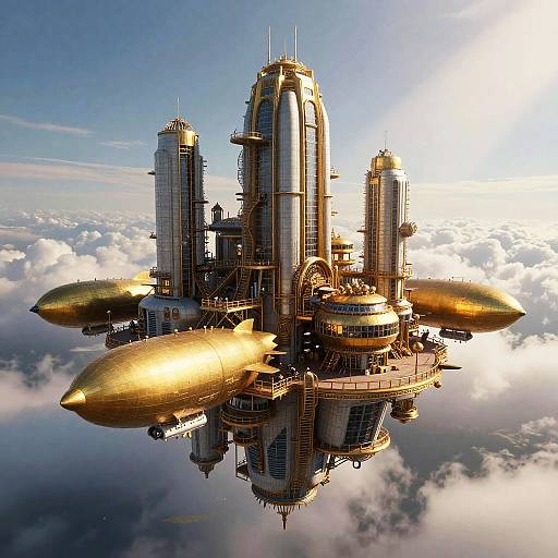 Photorealistic CGI of a futuristic, golden spaceship with multiple cylindrical towers and sleek, pointed appendages floating amidst fluffy white clouds. Sunlight illuminates