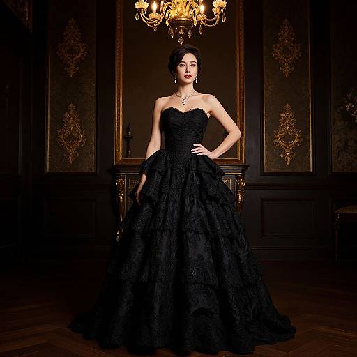 Photograph of a stunning woman in a strapless, black, lace ball gown, standing confidently in an opulent, dark wooden room with a golden
