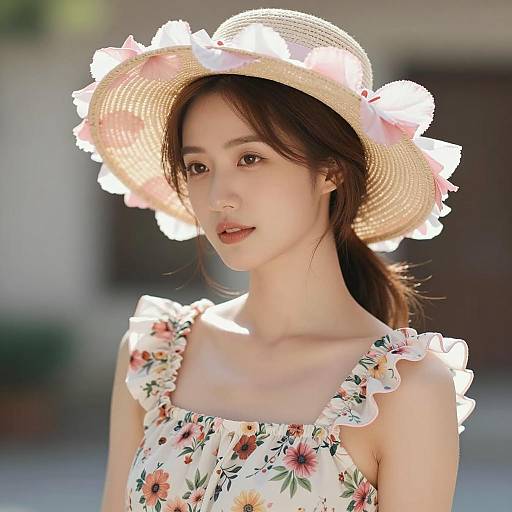 Asian Woman in Floral Summer Dress and Hat