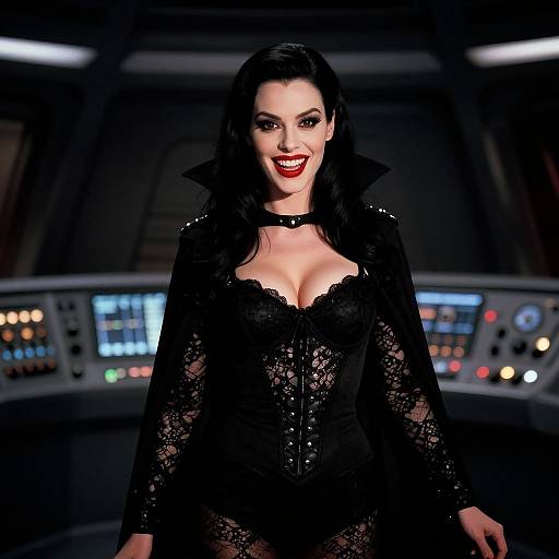 Photograph of a confident woman with dark hair, red lipstick, and black lace corset, standing in front of a dimly lit control panel,