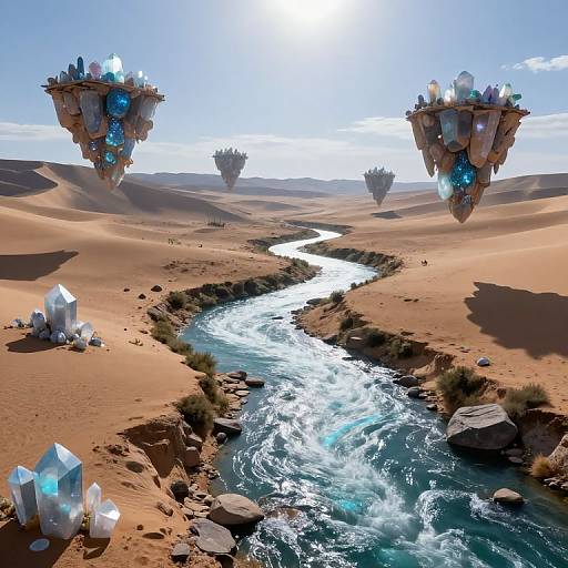 Fantasy desert landscape with glowing crystal formations, floating islands, and a winding river under a bright sunlit sky. CGI artwork.