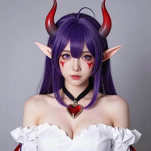 Fantasy Woman Cosplay with Purple Hair and Red Horns