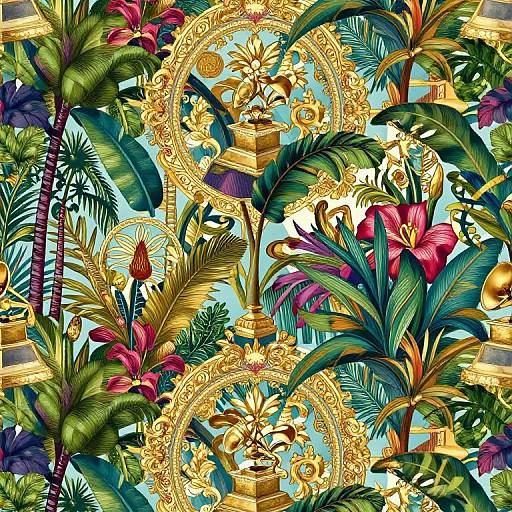 Vibrant, detailed digital illustration of a tropical pattern with gold ornate circles, palm trees, bright flowers, and lush greenery.