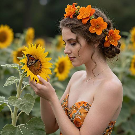 Photograph of a fair-skinned woman with curly brown hair, adorned with orange flowers, gently holding a sunflower, wearing an orange floral dress,