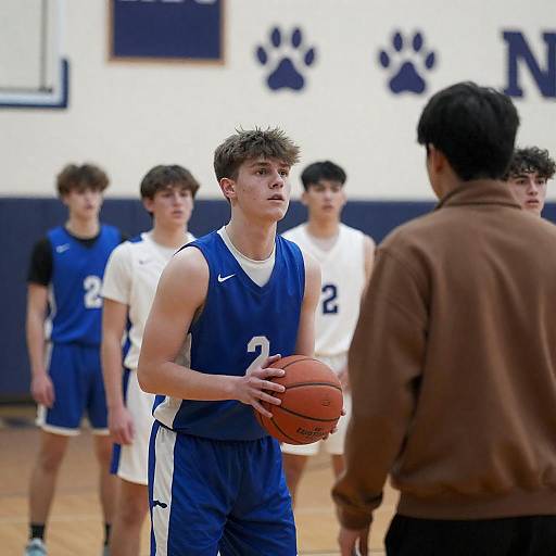 Intense Basketball Game in High School Gym