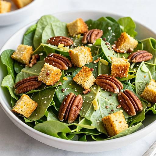 Photograph of a white bowl filled with fresh spinach leaves, golden-brown crispy cubes, and whole walnuts, sprinkled with sea salt.