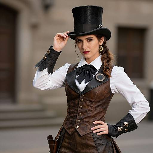 Photograph of a confident woman in Victorian steampunk attire, wearing a black top hat, brown vest, white shirt, black bowtie, and