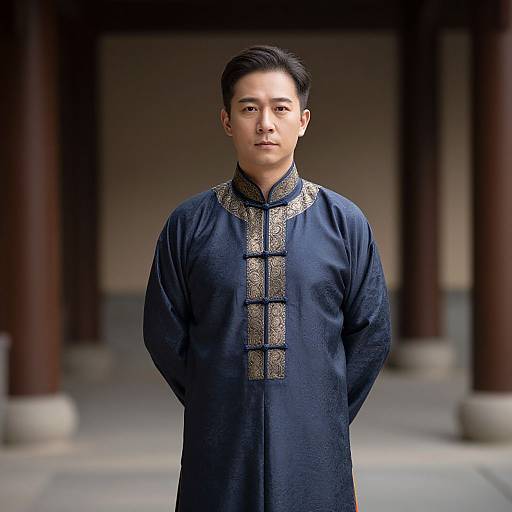 Photograph of a young Asian man with short black hair, wearing a traditional dark blue Chinese qipao with gold embroidery, standing in a dimly
