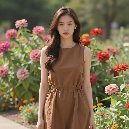 Young Woman in Brown Dress in Flower Garden