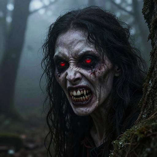 Photograph-style digital art: A terrifying, pale-skinned zombie with wild black hair, glowing red eyes, and blood-streaked face snar