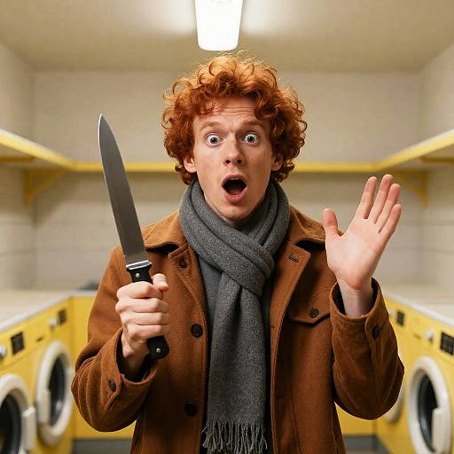 Shocked Man in Laundry Room Scene