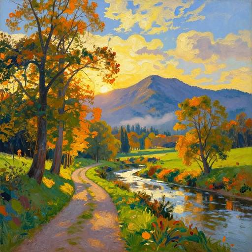 Vibrant digital painting of a winding path beside a reflective stream, surrounded by autumn trees, with a sunlit mountain and colorful sky in the background