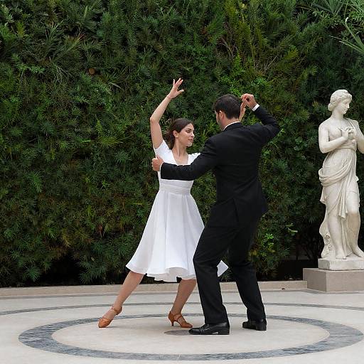 Elegant Couple Dancing by Green Hedge