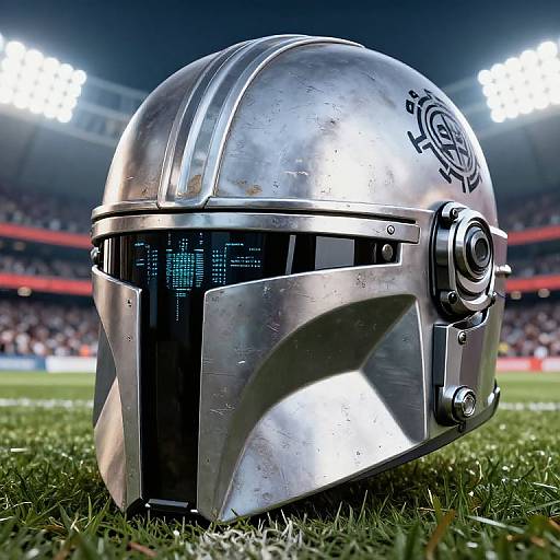 Photorealistic CGI of a silver, futuristic Mandalorian helmet with LED visor, detailed emblem, and metallic texture, on grassy field with stadium