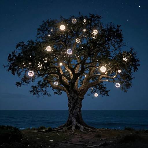Photograph of a silhouetted tree with glowing white and purple orb lights against a deep blue night sky and ocean background.