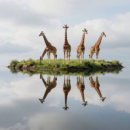 Photograph of five giraffes standing on a grassy island, reflected perfectly in the calm water below, under a cloudy sky.