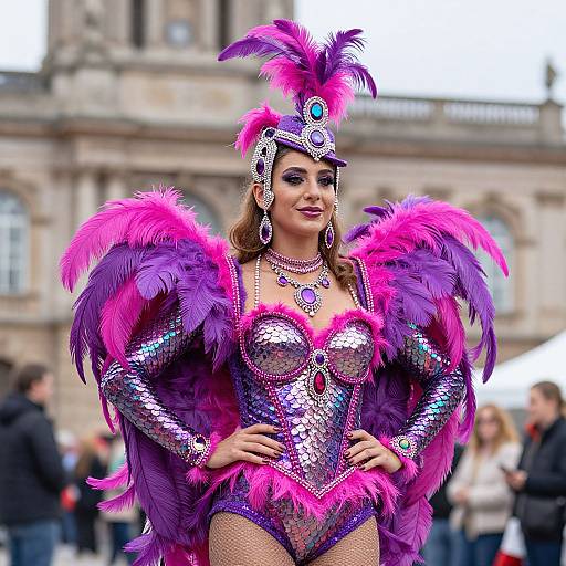 Photograph of a confident woman in a vibrant, sequined purple and pink feathered costume with a matching headdress, standing in front of a blurred
