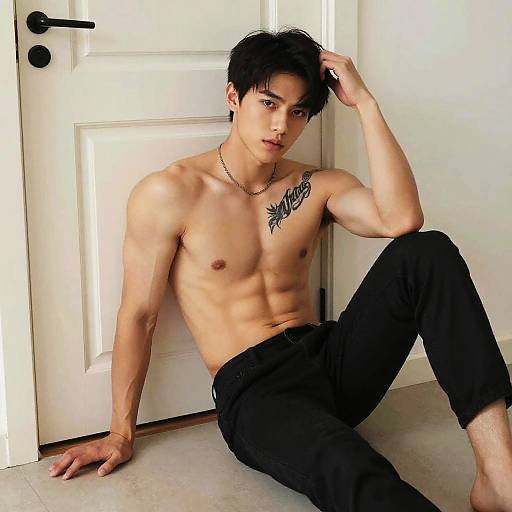 Photograph of a lean, shirtless Asian man with black hair, tattoos, and black pants, sitting against a white door, hand in hair,