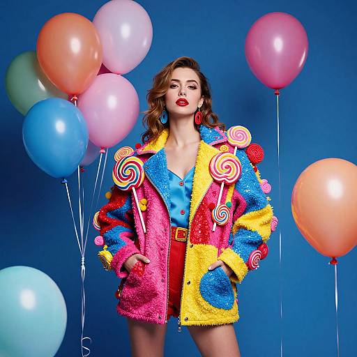 Photograph of a woman in a colorful, candy-themed, fuzzy coat with lollipop decorations, holding candy canes, surrounded by balloons against a blue