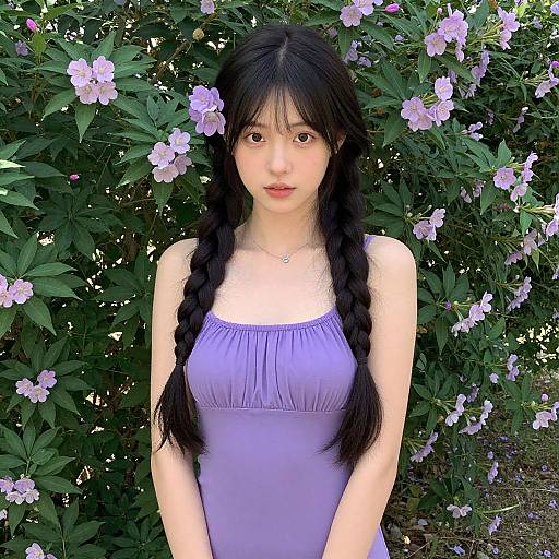 Photograph of a young Asian woman with long black hair in braids, wearing a lilac dress, standing in front of a blooming lavender bush