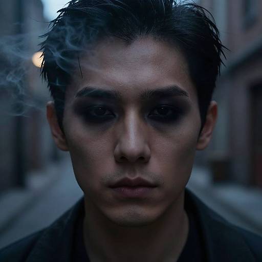 Photograph of a serious young man with dark hair, smudged makeup, and smoke near his head, standing in a dim, urban alleyway