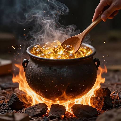 Mystical Cauldron with Golden Orbs