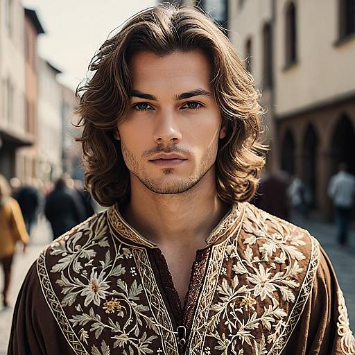Young Man in Embroidered Medieval-Style Shirt