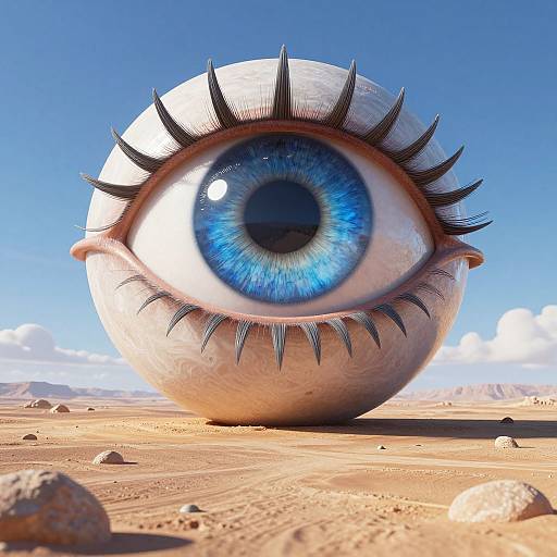 CGI image of a giant, blue-eyed, spherical eyeball with long black lashes standing in a desert under a clear blue sky.