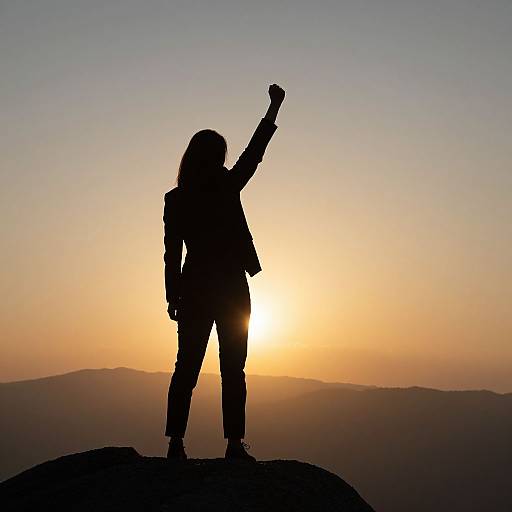 Silhouetted person with raised fist stands on rocky peak at sunset, sky transitioning from orange to blue, mountains in background.