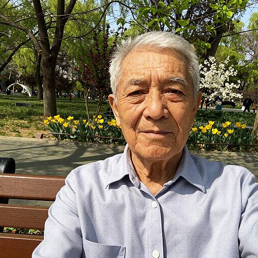 Photograph of an elderly man with white hair and light wrinkles, wearing a light blue button-up shirt, sitting on a wooden bench in a sunny park