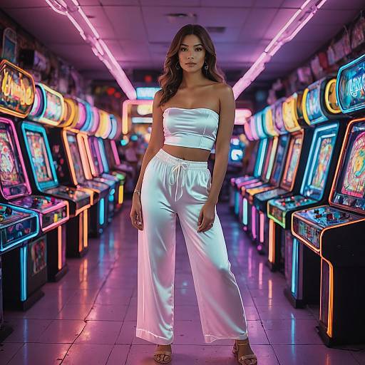 Elegant Fashion in Neon Arcade Setting