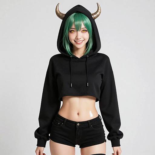 Green-Haired Horned Girl in Cropped Hoodie