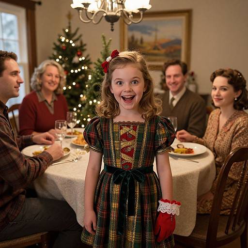 Photograph of a young girl with curly blonde hair, red bow, plaid dress, and red glove, excitedly standing at a festive family dinner
