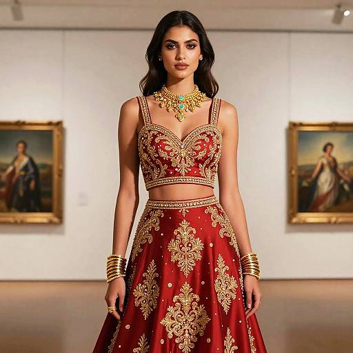 Dramatic Red Dress with Gold Embellishments