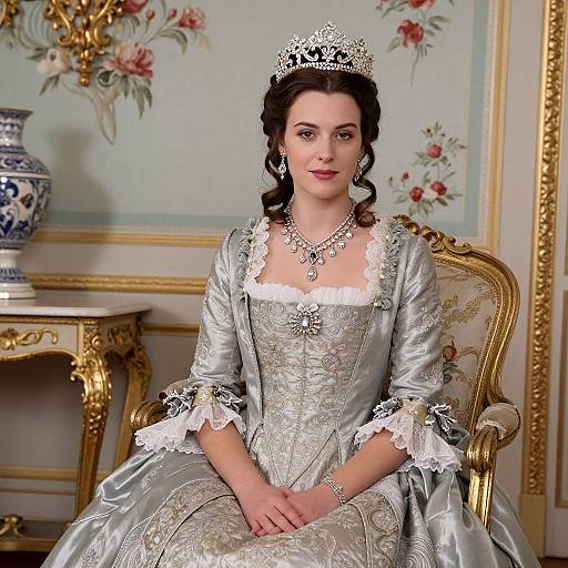 Photorealistic digital portrait of a fair-skinned woman in an elaborate silver-gray Victorian gown, adorned with lace and jewelry, seated on a gold-ac