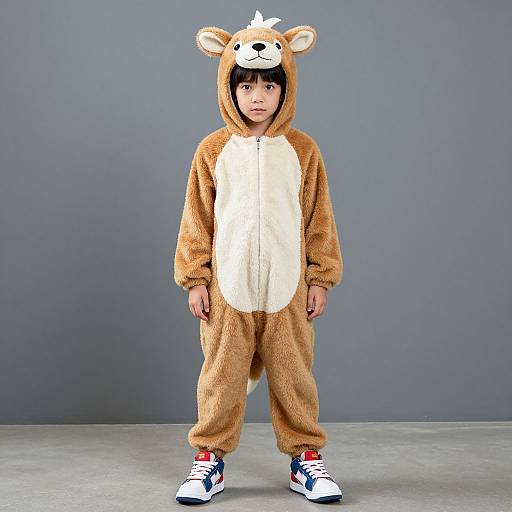 Photograph of a young boy in a brown and cream fuzzy bear onesie with ears and face, standing against a gray background, wearing white and blue