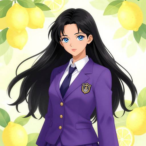 Anime-style digital drawing of a blue-eyed girl with long black hair in a purple school uniform, against a lemon leaf background.