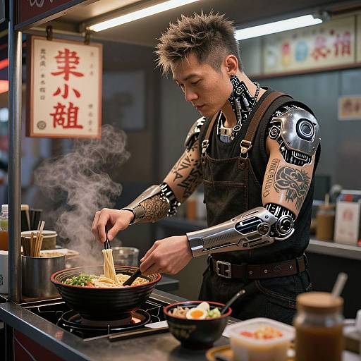Cyberpunk chef with spiked hair, tattoos, and robotic arm cooks noodles in a steamy, dimly lit Asian kitchen stall.