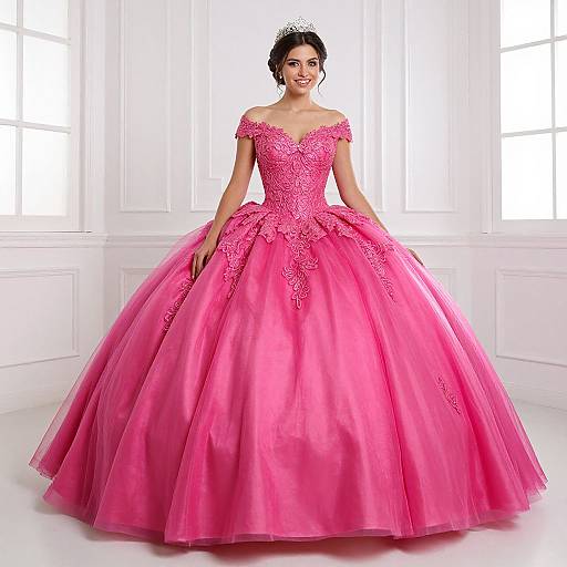 Photograph of a smiling woman in a vibrant pink off-shoulder ball gown with intricate lace detailing, standing in a bright white room.