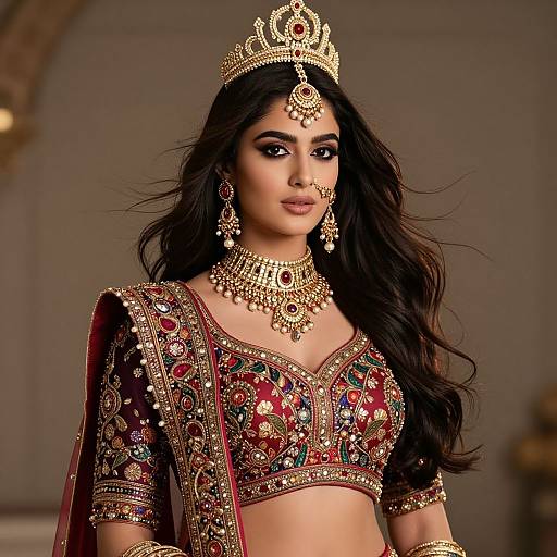 Photograph of a beautiful South Asian woman in elaborate traditional attire, wearing a gold tiara, intricate red and gold embroidery blouse, and jewelry, with