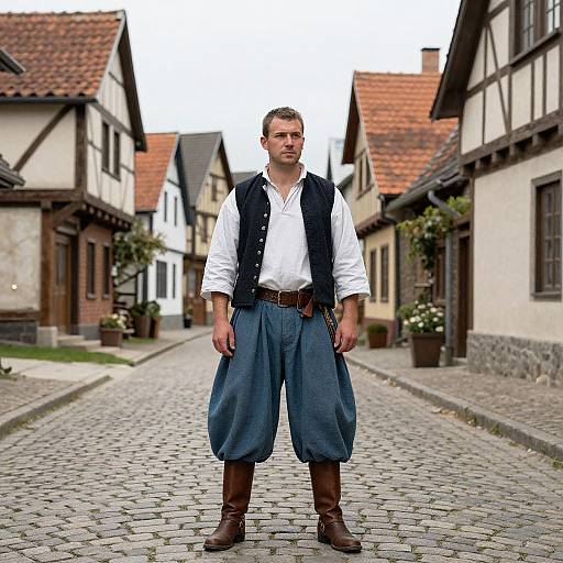 Photograph of a man in 17th-century German peasant attire, standing on a cobblestone street in a historic village with timber-framed buildings