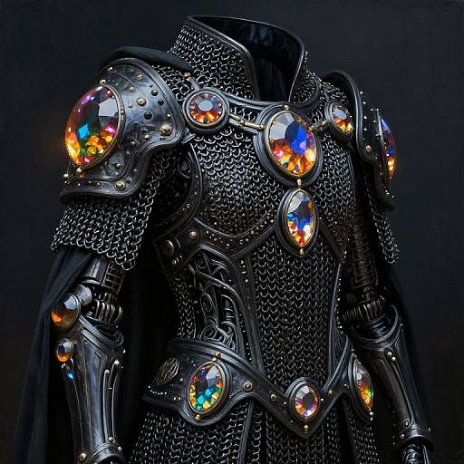 Photograph of a futuristic, metallic armor with intricate chainmail and glowing, multicolored gemstones on the shoulders and chest. Dark, sleek background