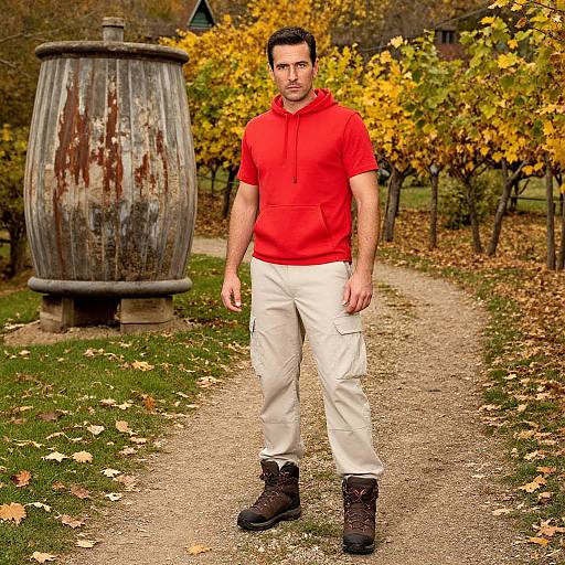 Photograph of a man in a red hoodie, white pants, and brown boots standing on a gravel path in an autumn park with yellow-leaved trees