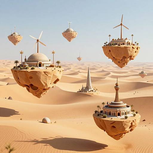 CGI image of floating desert islands with domes, windmills, and palm trees over a sandy landscape under a clear blue sky.
