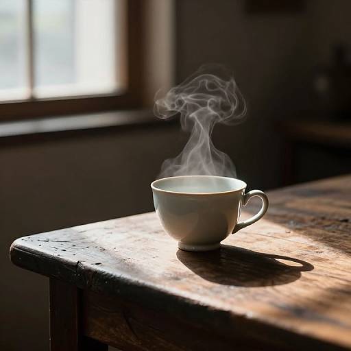 Photograph of a white ceramic cup with steam rising, placed on a sunlit, worn wooden table in a dimly lit room.