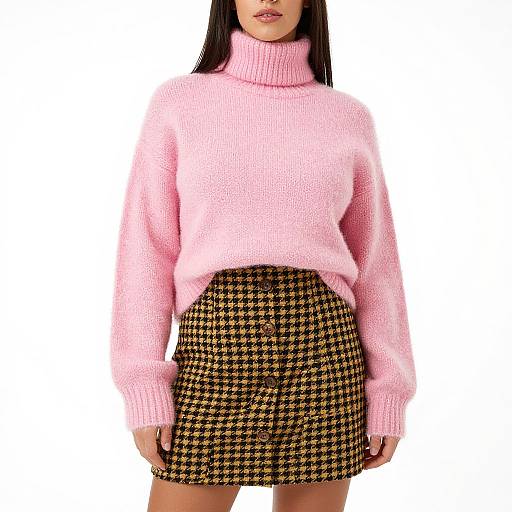 Photograph of a woman with long black hair wearing a pink knit turtleneck sweater and a high-waisted, black-and-yellow houndst